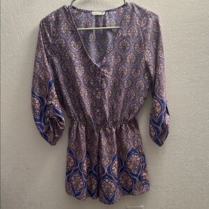 46. Women's Blue Paisley Long-Sleeve V-Neck Romper